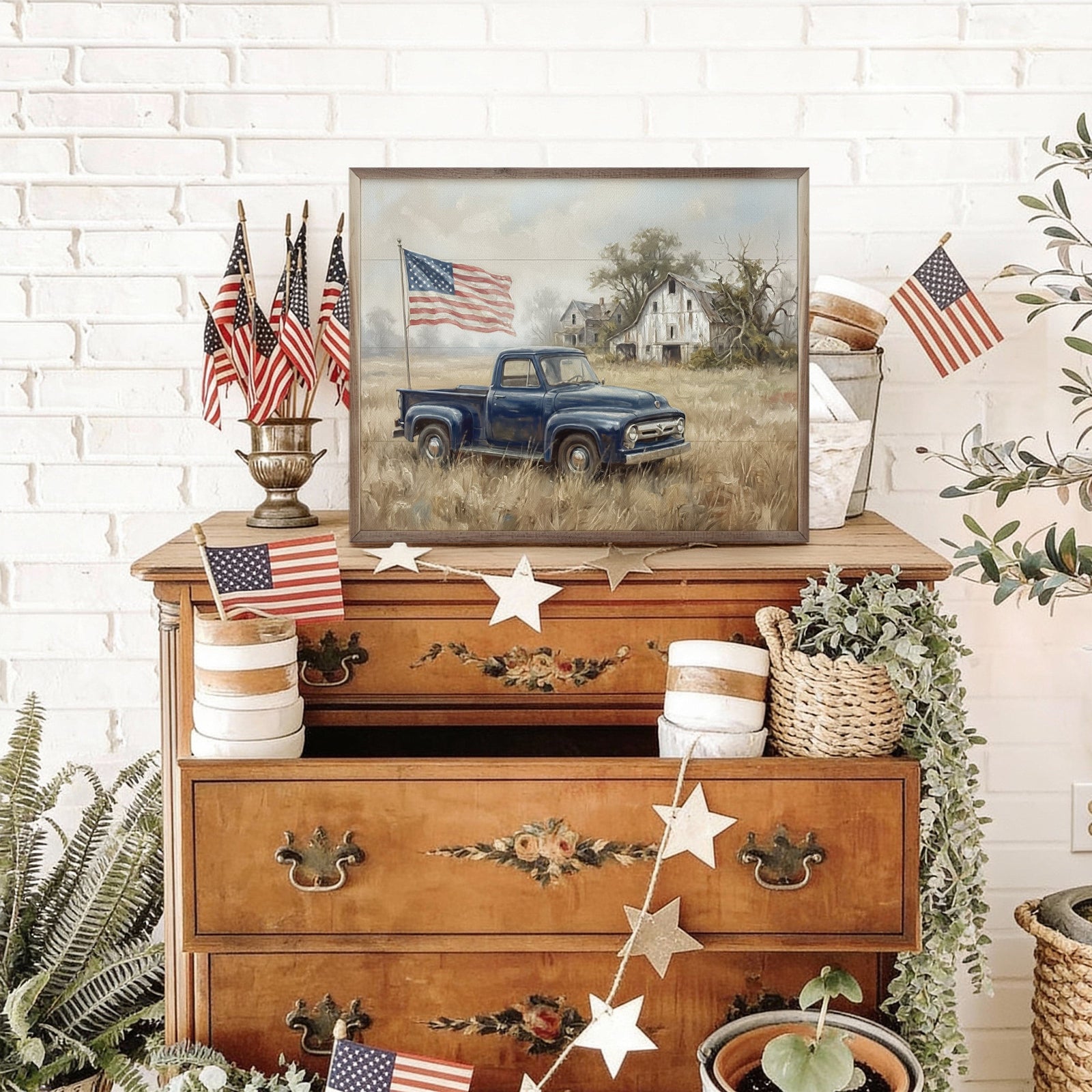 Kendrick Home Walnut Frames Sizes American Blue Truck With Flag Printed and Framed Wall Sign