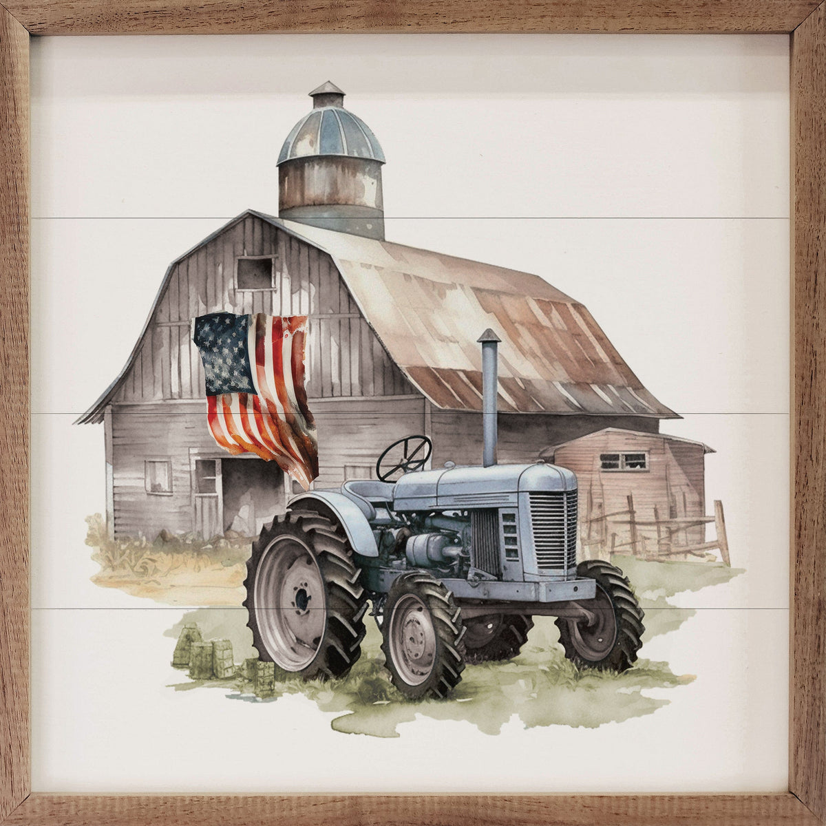 American Flag Barn Tractor Printed and Framed Wall Sign