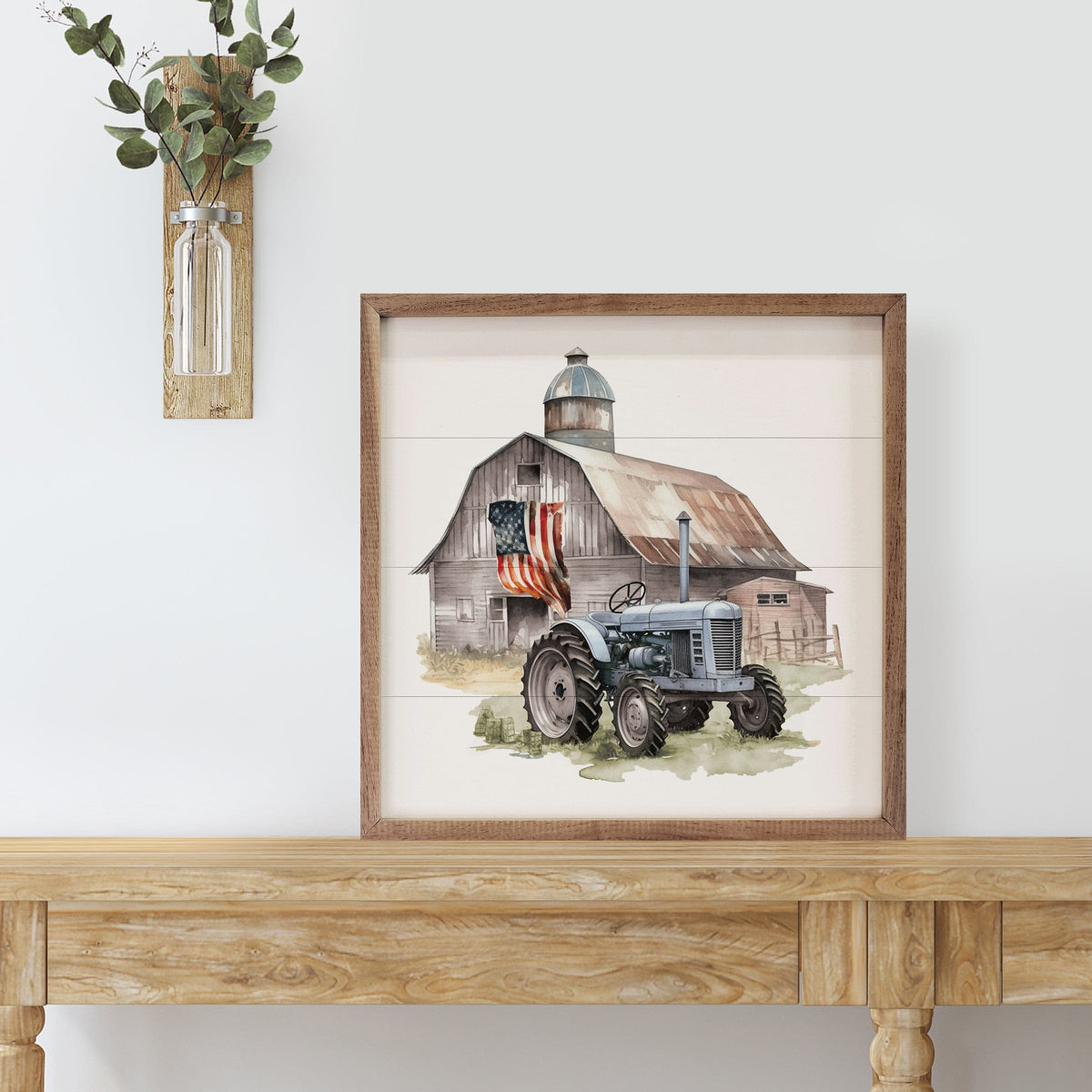 American Flag Barn Tractor Printed and Framed Wall Sign
