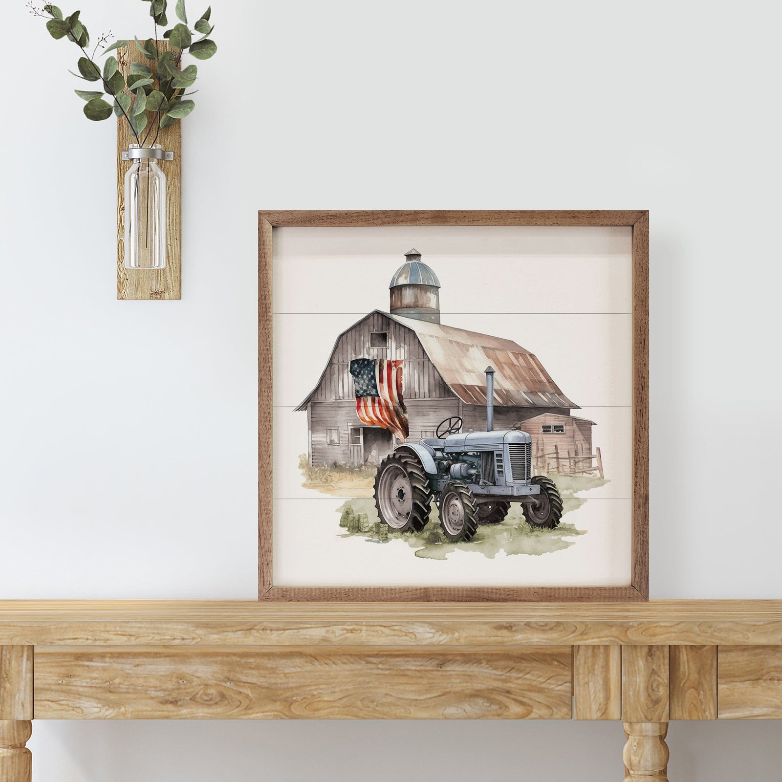 Kendrick Home Walnut Frames Sizes American Flag Barn Tractor Printed and Framed Wall Sign