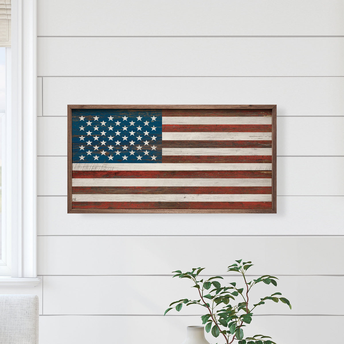 Kendrick Home Walnut Frames American Flag Whitewash Printed and Framed Wall Sign