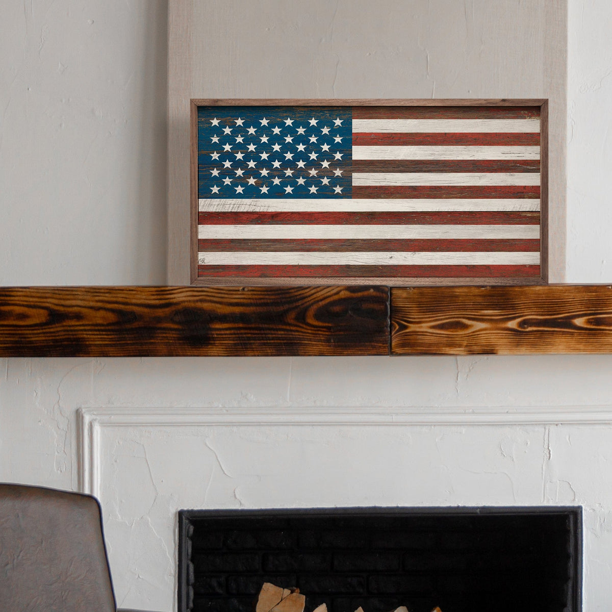 Kendrick Home Walnut Frames American Flag Whitewash Printed and Framed Wall Sign