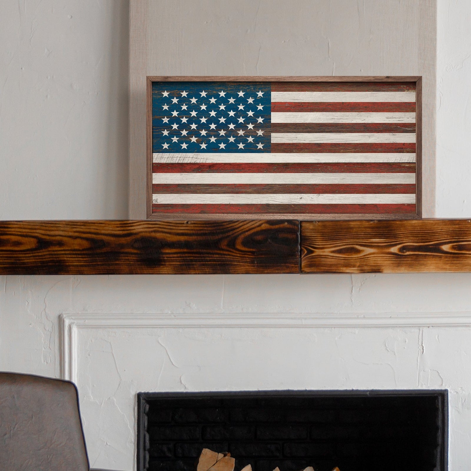 Kendrick Home Walnut Frames Sizes American Flag Whitewash Printed and Framed Wall Sign
