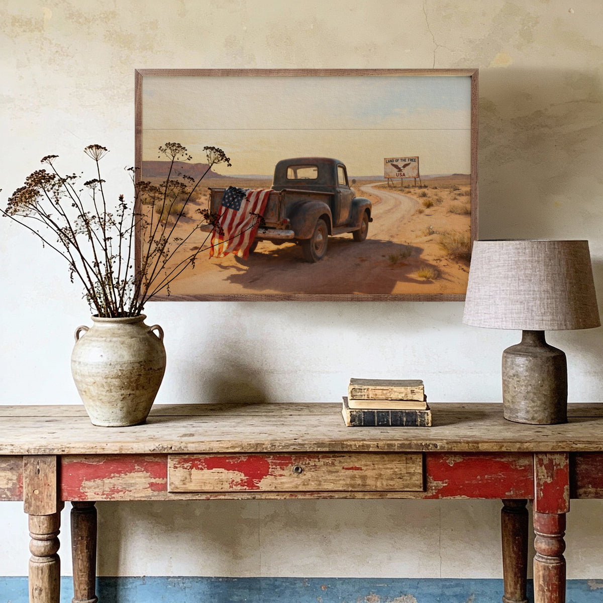 Kendrick Home Walnut Frames Americana Desert Truck Print Printed and Framed Wall Sign