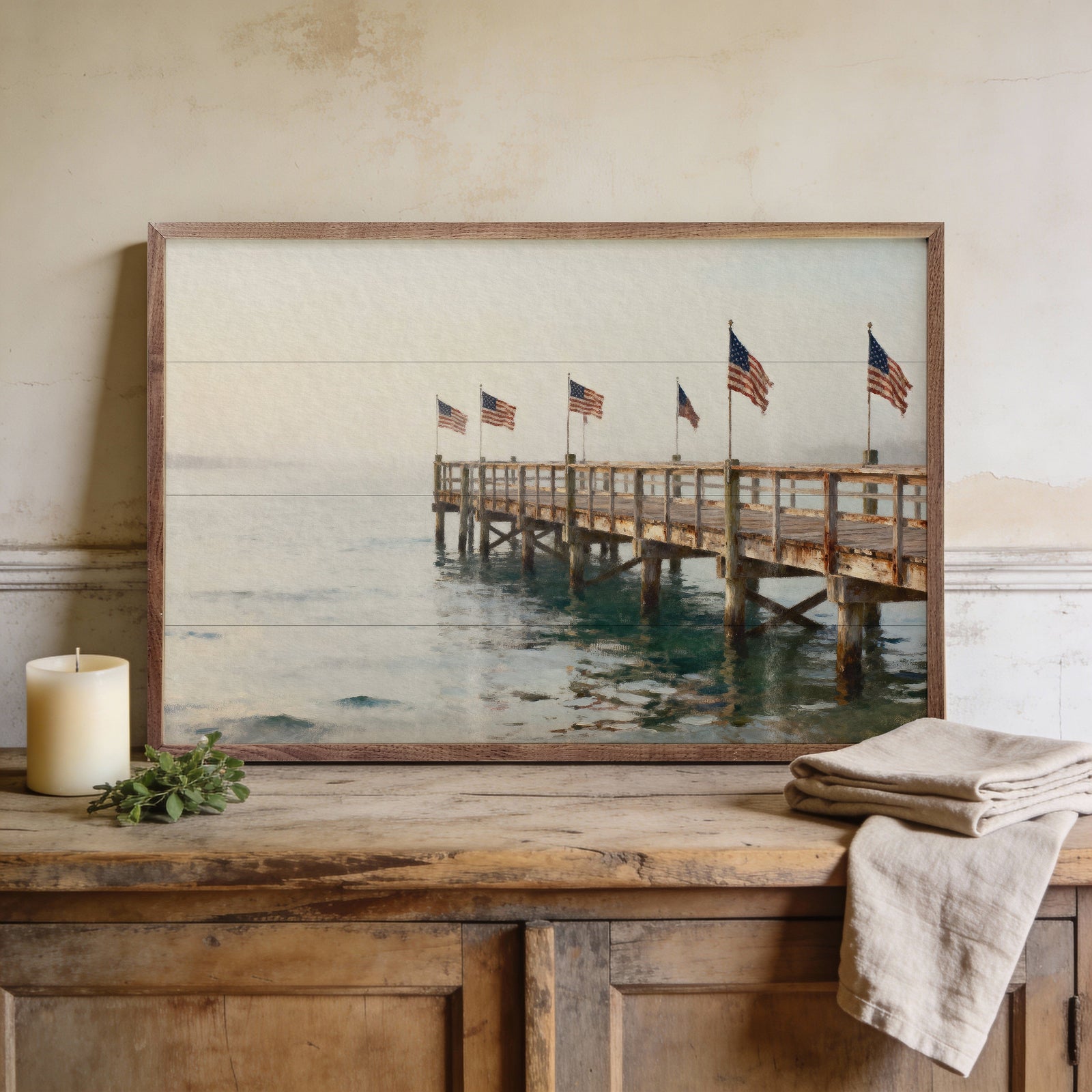 Kendrick Home Walnut Frames Sizes Americana Flags On The Pier Printed and Framed Wall Sign