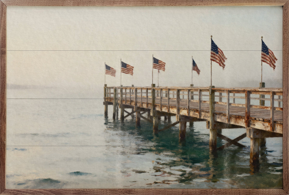 Kendrick Home Walnut Frames Sizes Americana Flags On The Pier Printed and Framed Wall Sign