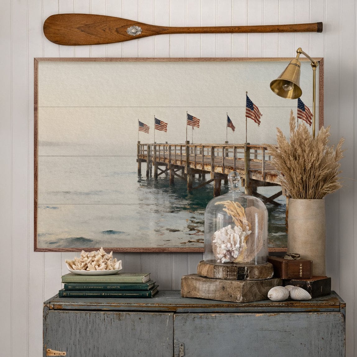 Kendrick Home Walnut Frames Americana Flags On The Pier Printed and Framed Wall Sign