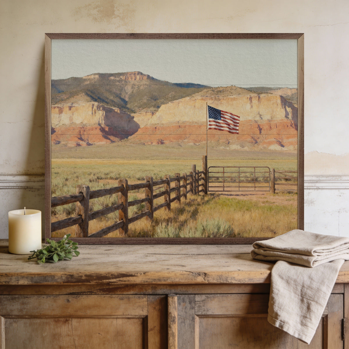 Kendrick Home Walnut Frames Americana Western Gate Mountains Printed and Framed Wall Sign