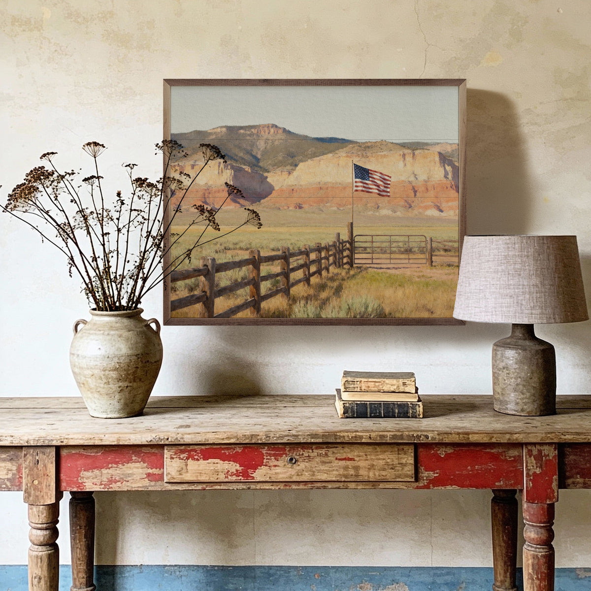 Kendrick Home Walnut Frames Americana Western Gate Mountains Printed and Framed Wall Sign
