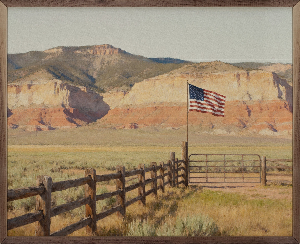 Kendrick Home Walnut Frames Sizes Americana Western Gate Mountains Printed and Framed Wall Sign
