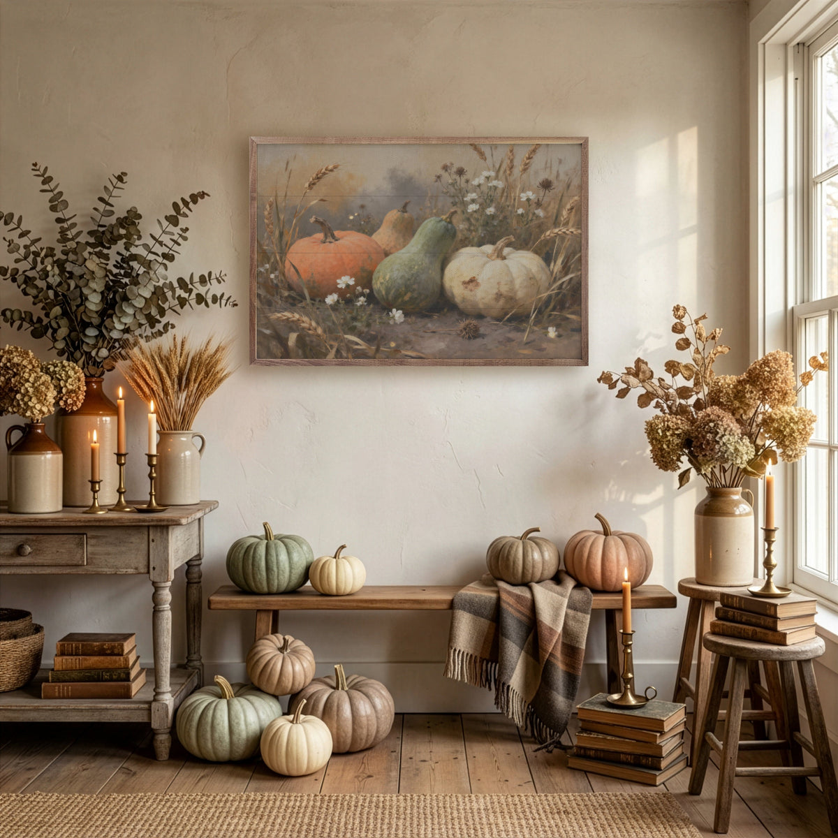 Kendrick Home Walnut Frames Assorted Gourds With One White Printed and Framed Wall Sign