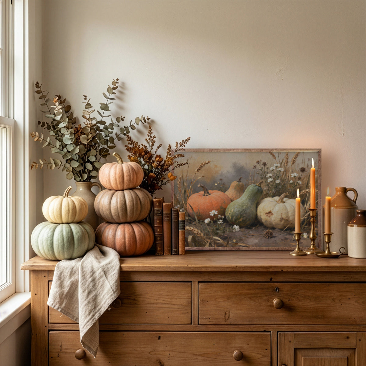 Kendrick Home Walnut Frames Assorted Gourds With One White Printed and Framed Wall Sign