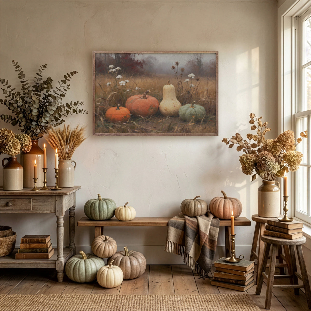 Kendrick Home Walnut Frames Assorted Gourds With Two Orange Printed and Framed Wall Sign