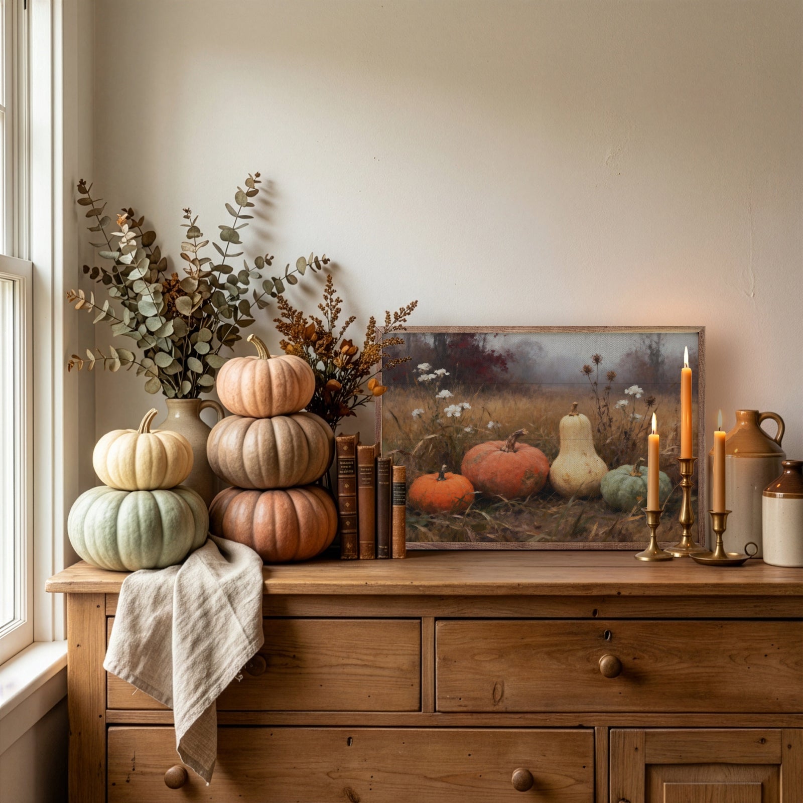 Kendrick Home Walnut Frames 8x5 Assorted Gourds With Two Orange Printed and Framed Wall Sign