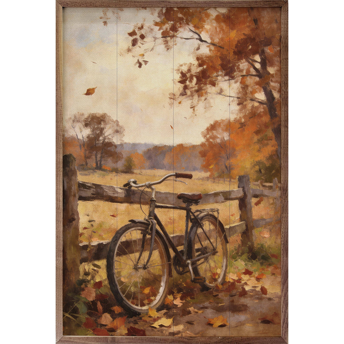 Kendrick Home Walnut Frames 5x8 Autumn Bicycle With Country Fence Printed and Framed Wall Sign