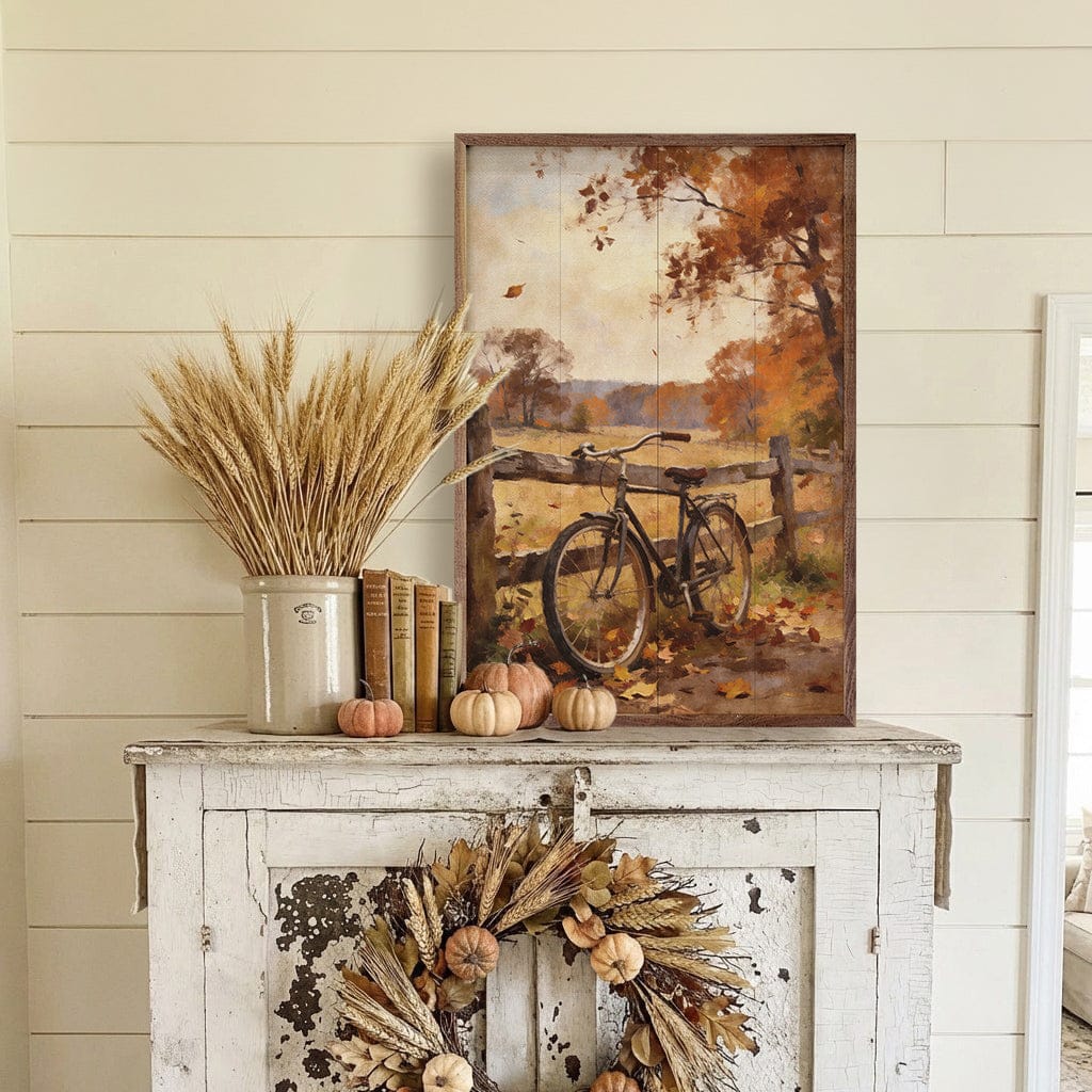 Kendrick Home Walnut Frames Autumn Bicycle With Country Fence Printed and Framed Wall Sign