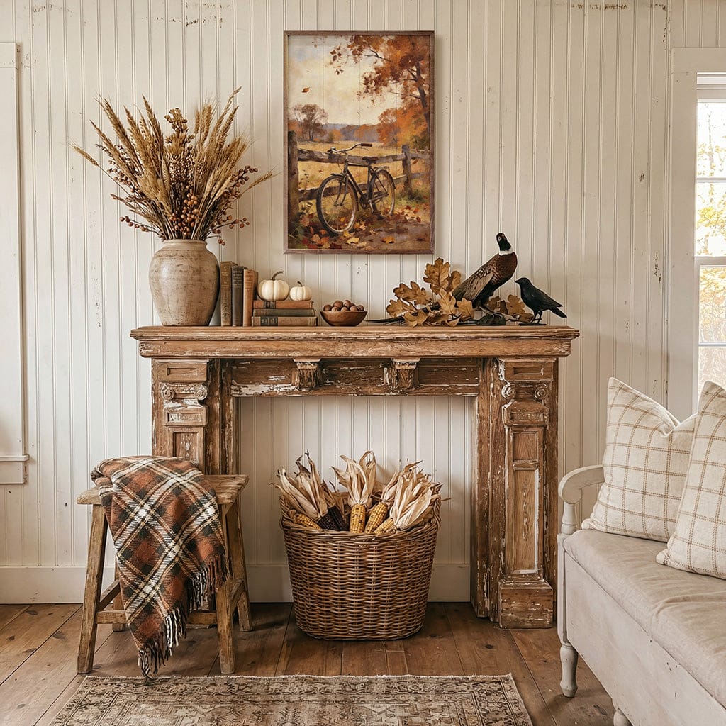 Kendrick Home Walnut Frames Autumn Bicycle With Country Fence Printed and Framed Wall Sign