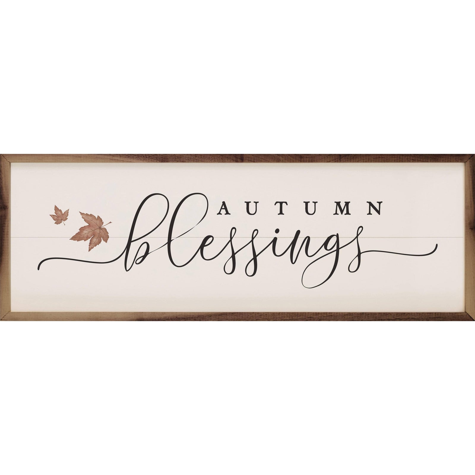 Kendrick Home Walnut Frames 12x4 Autumn Blessings Leaves White Printed and Framed Wall Sign