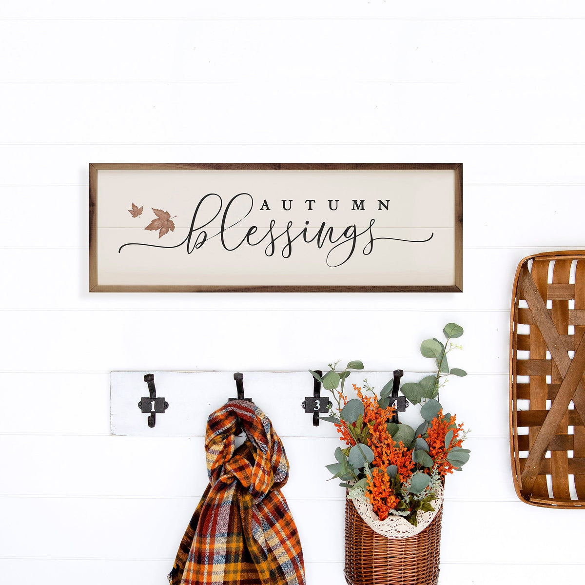 Kendrick Home Walnut Frames Autumn Blessings Leaves White Printed and Framed Wall Sign