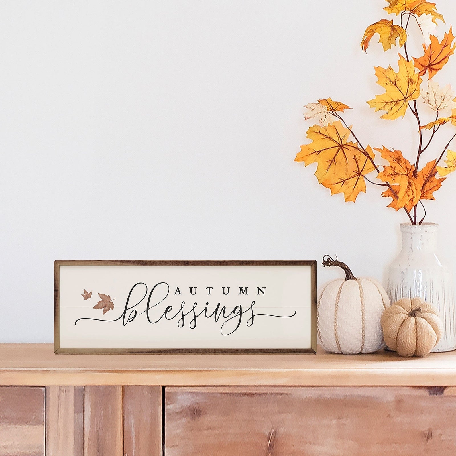 Kendrick Home Walnut Frames 12x4 Autumn Blessings Leaves White Printed and Framed Wall Sign