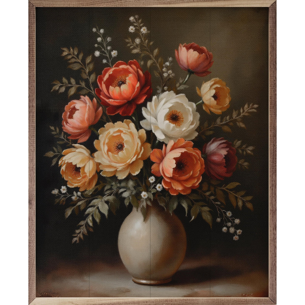 Kendrick Home Walnut Frames Autumn Bouquet White Vase Printed and Framed Wall Sign