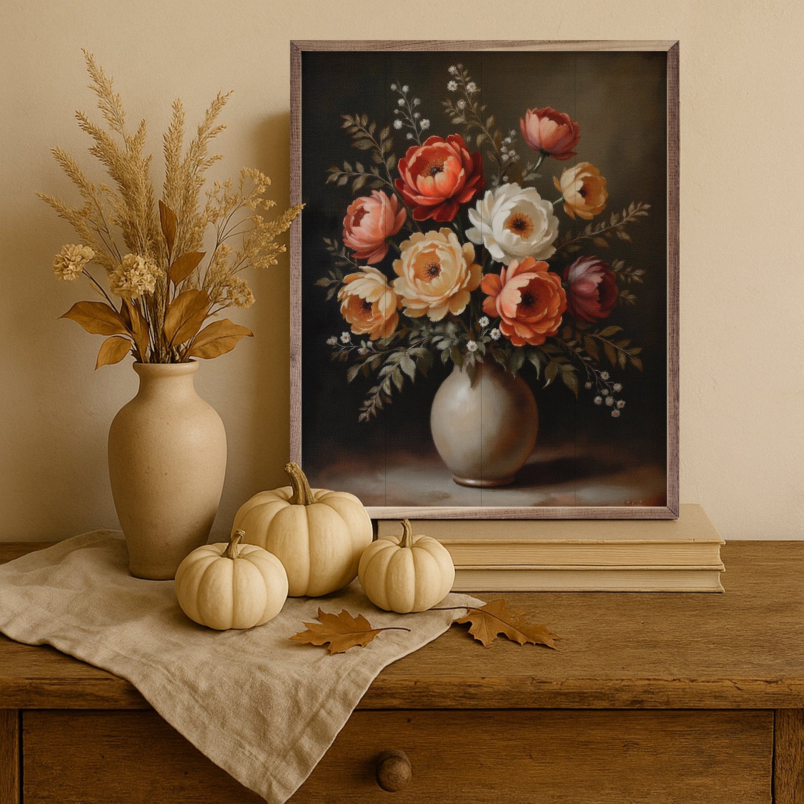 Kendrick Home Walnut Frames Autumn Bouquet White Vase Printed and Framed Wall Sign