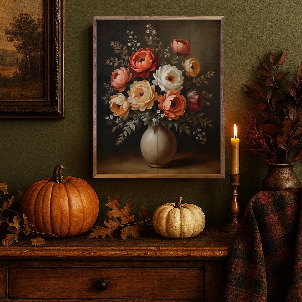 Kendrick Home Walnut Frames Autumn Bouquet White Vase Printed and Framed Wall Sign