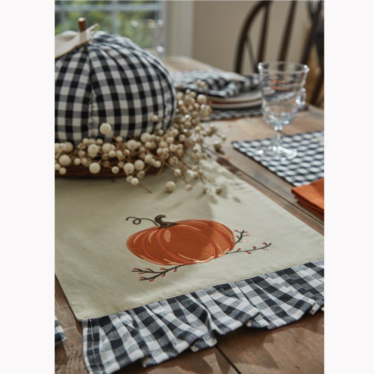 Autumn Checkerboard Appliqued &amp; Embroidered Table Runner 42&quot; Long-Park Designs-The Village Merchant