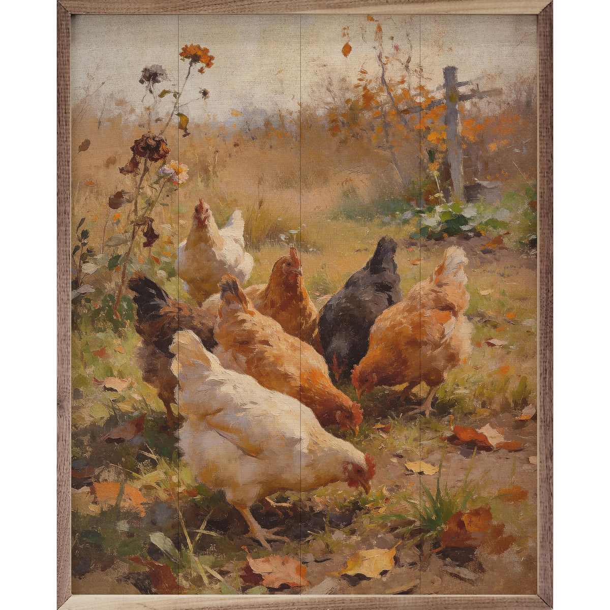 Kendrick Home Walnut Frames 8x10 Autumn Chickens Printed and Framed Wall Sign