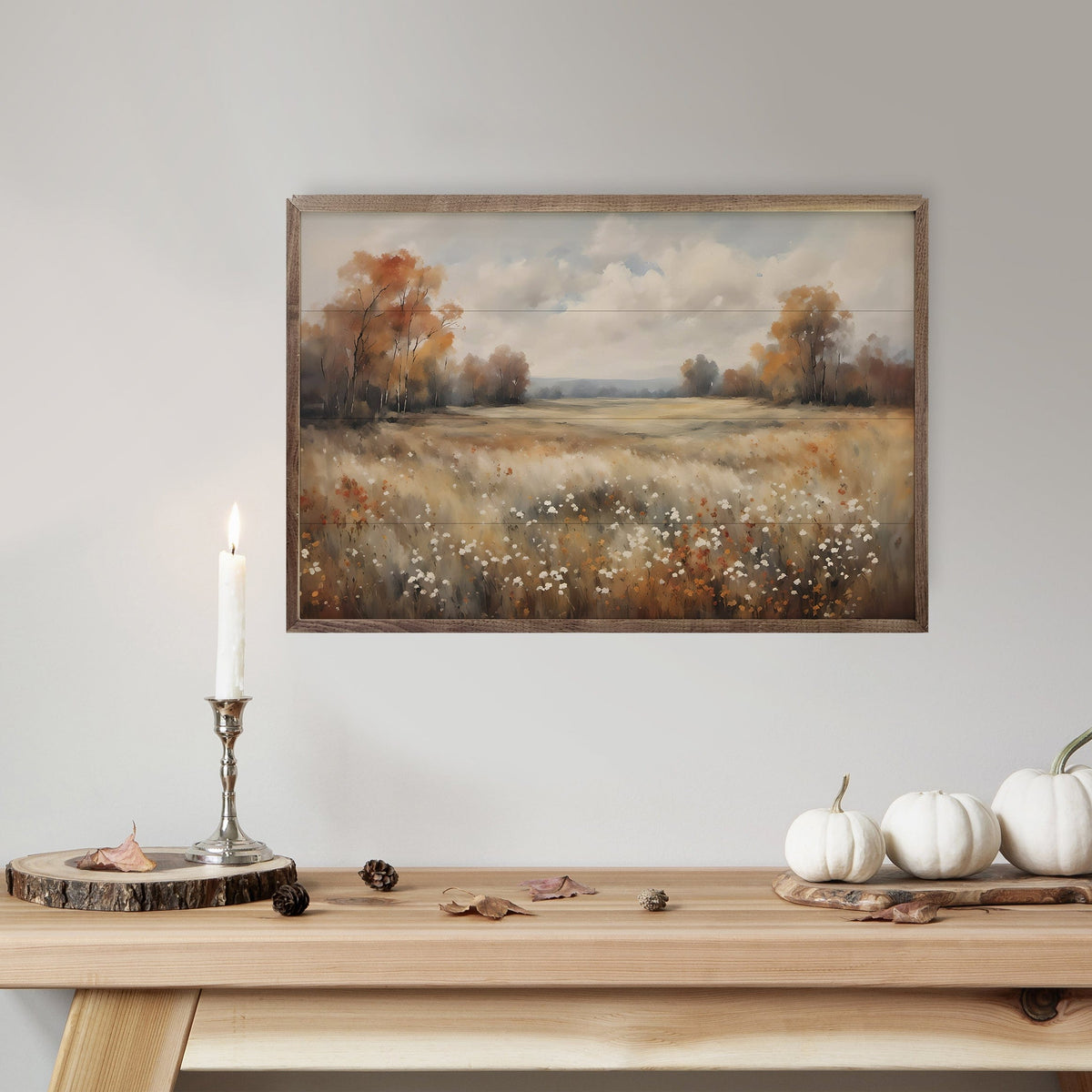 Kendrick Home Walnut Frames Autumn Field With Autumn Trees Printed and Framed Wall Sign