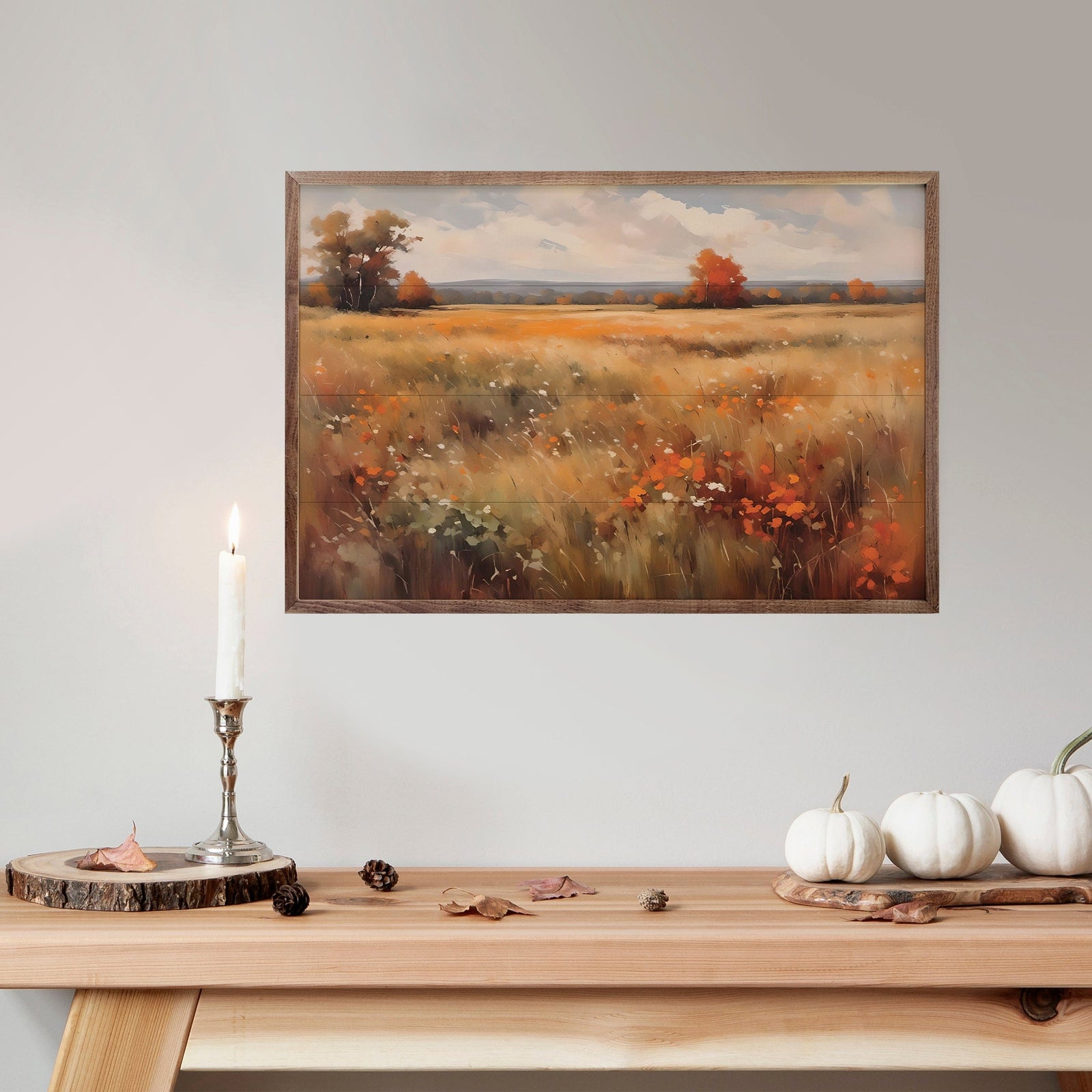 Kendrick Home Walnut Frames Autumn Field With Orange Printed and Framed Wall Sign