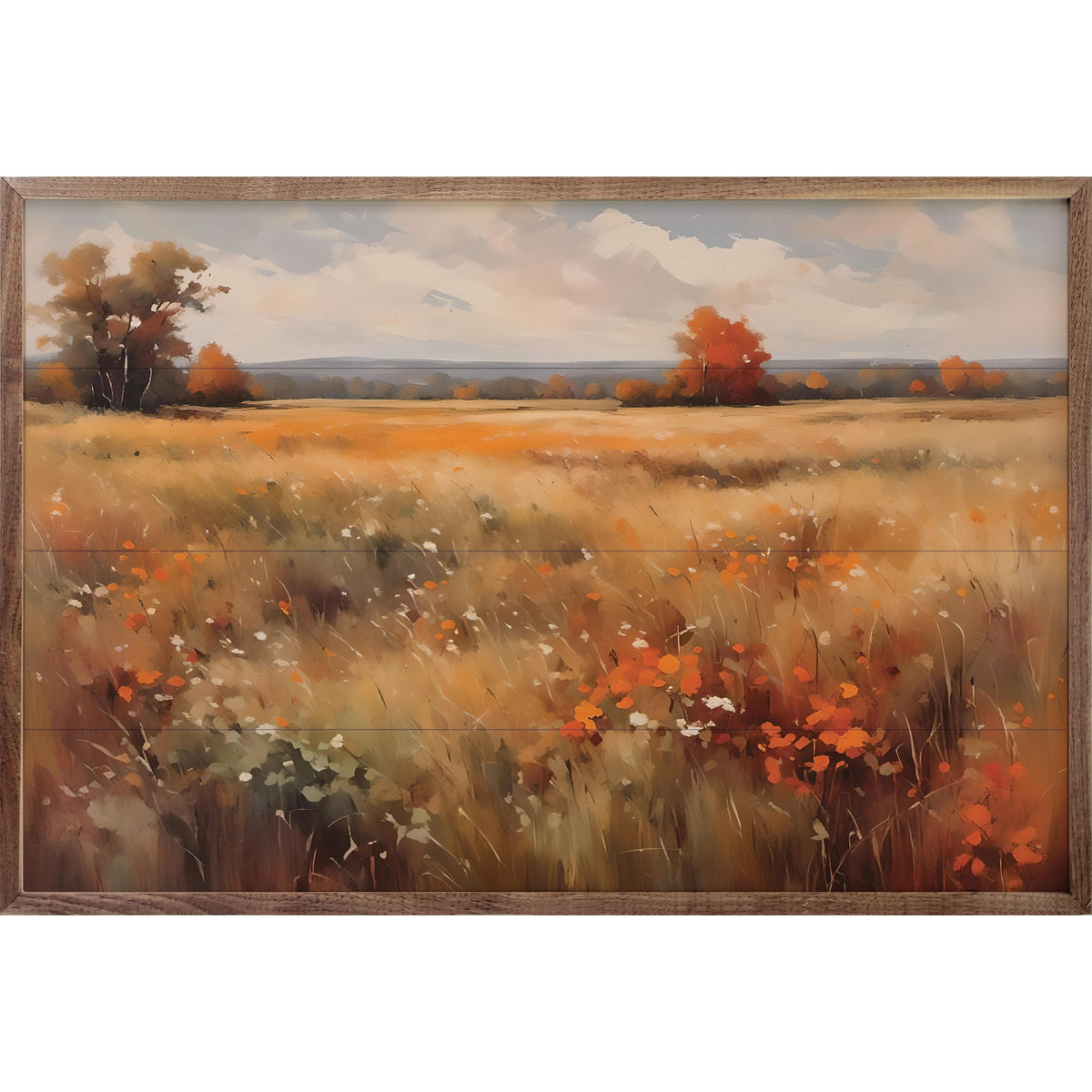 Kendrick Home Walnut Frames Autumn Field With Orange Printed and Framed Wall Sign