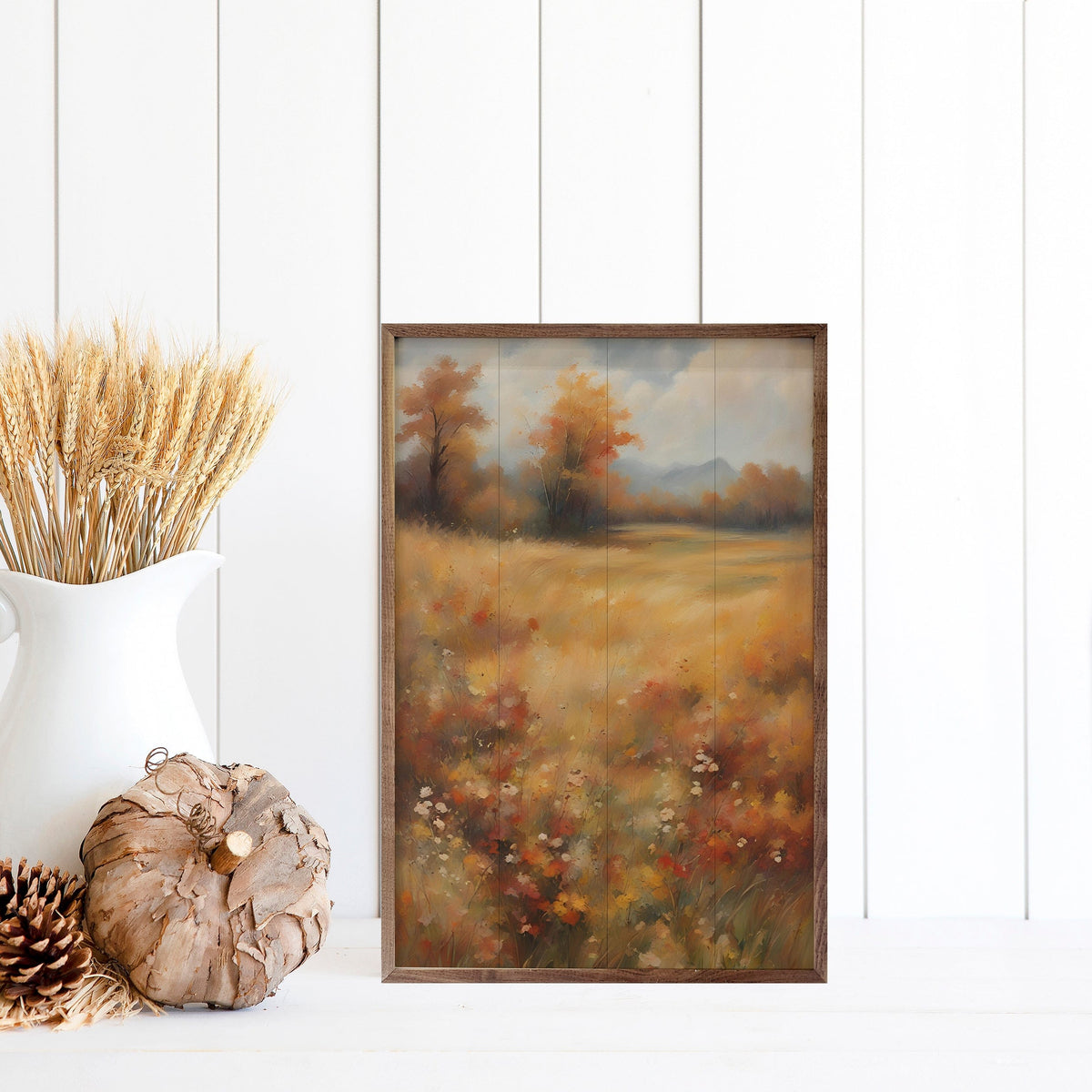 Kendrick Home Walnut Frames Autumn Field With Trees Printed and Framed Wall Sign