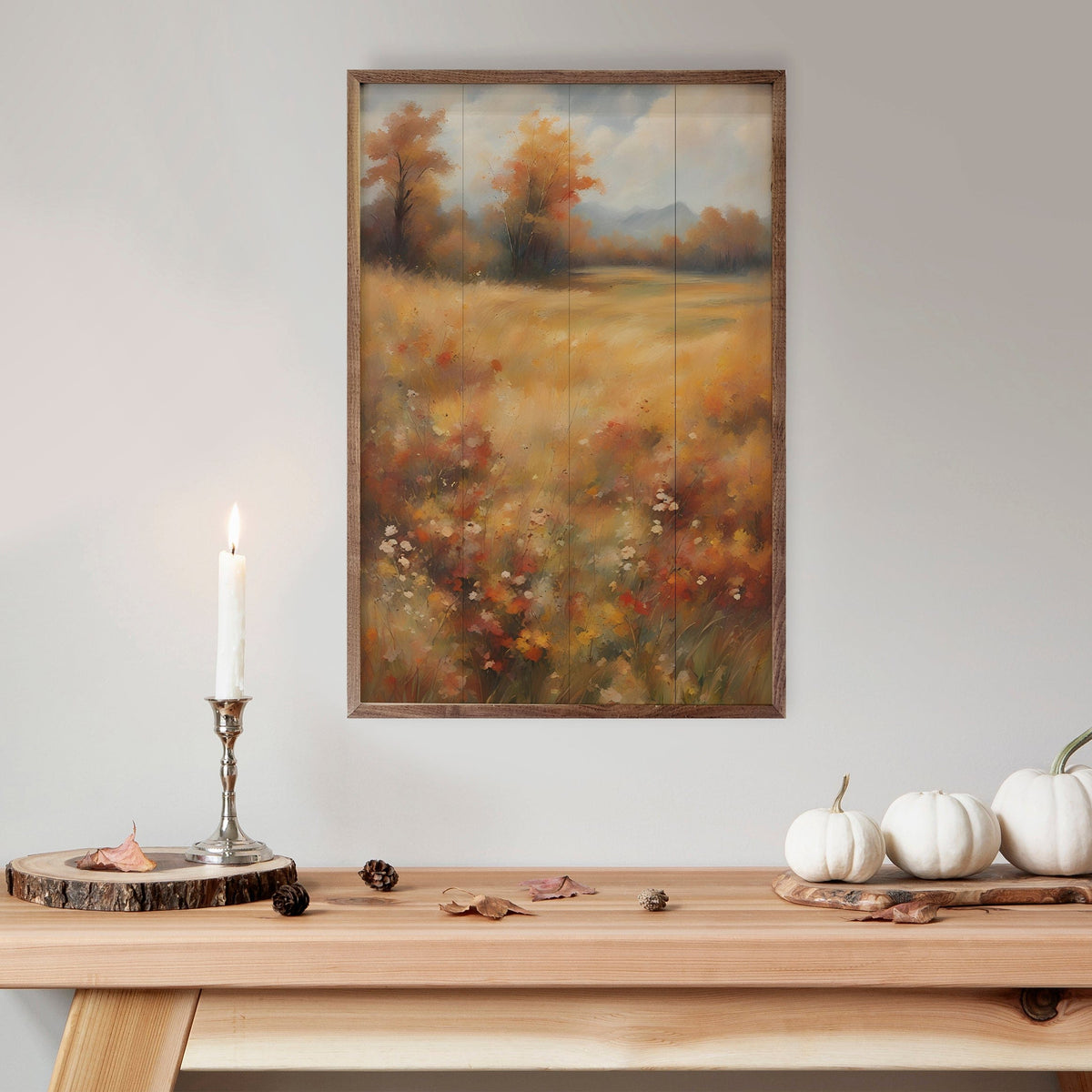 Kendrick Home Walnut Frames Autumn Field With Trees Printed and Framed Wall Sign