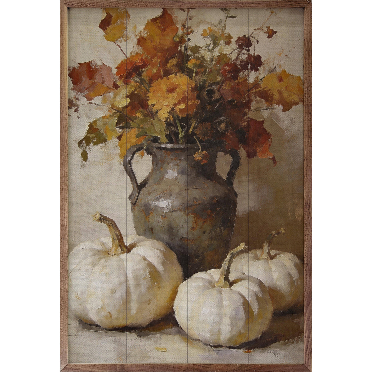 Kendrick Home Walnut Frames 5x8 Autumn Floral And White Pumpkin Arrangement Printed and Framed Wall Sign