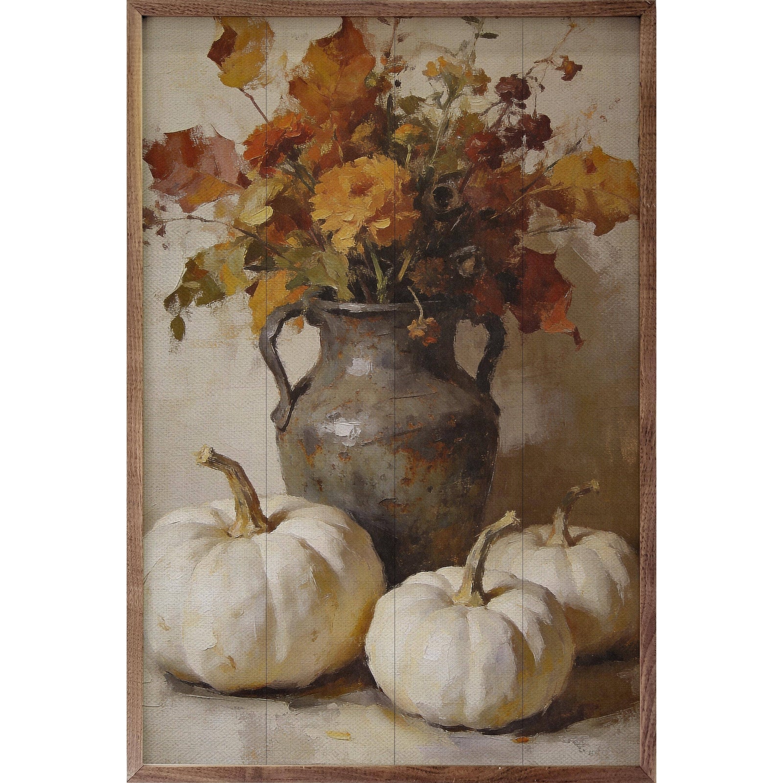Kendrick Home Walnut Frames 5x8 Autumn Floral And White Pumpkin Arrangement Printed and Framed Wall Sign