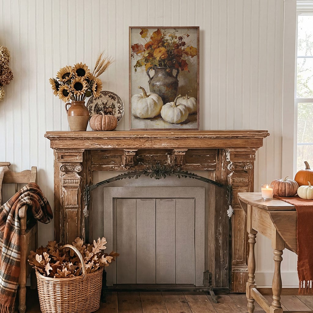 Kendrick Home Walnut Frames Autumn Floral And White Pumpkin Arrangement Printed and Framed Wall Sign