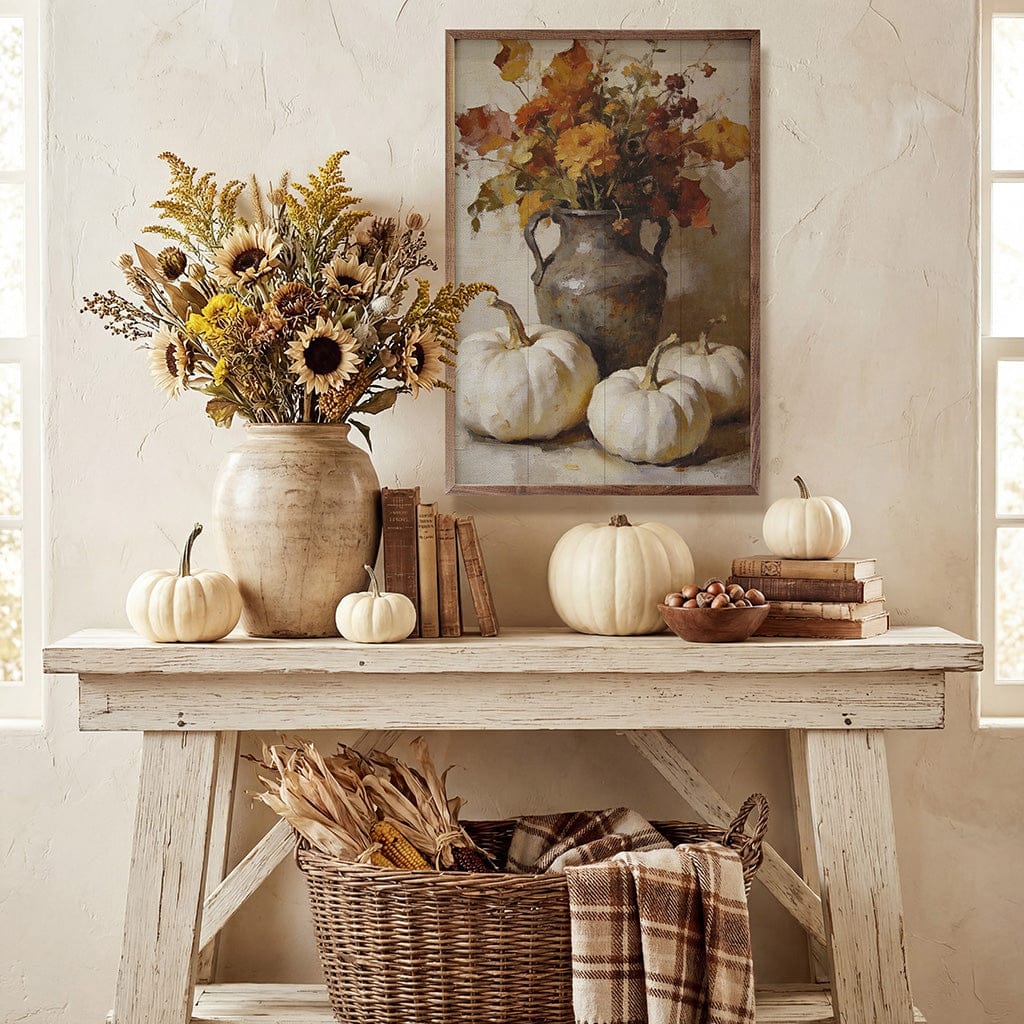 Kendrick Home Walnut Frames Autumn Floral And White Pumpkin Arrangement Printed and Framed Wall Sign