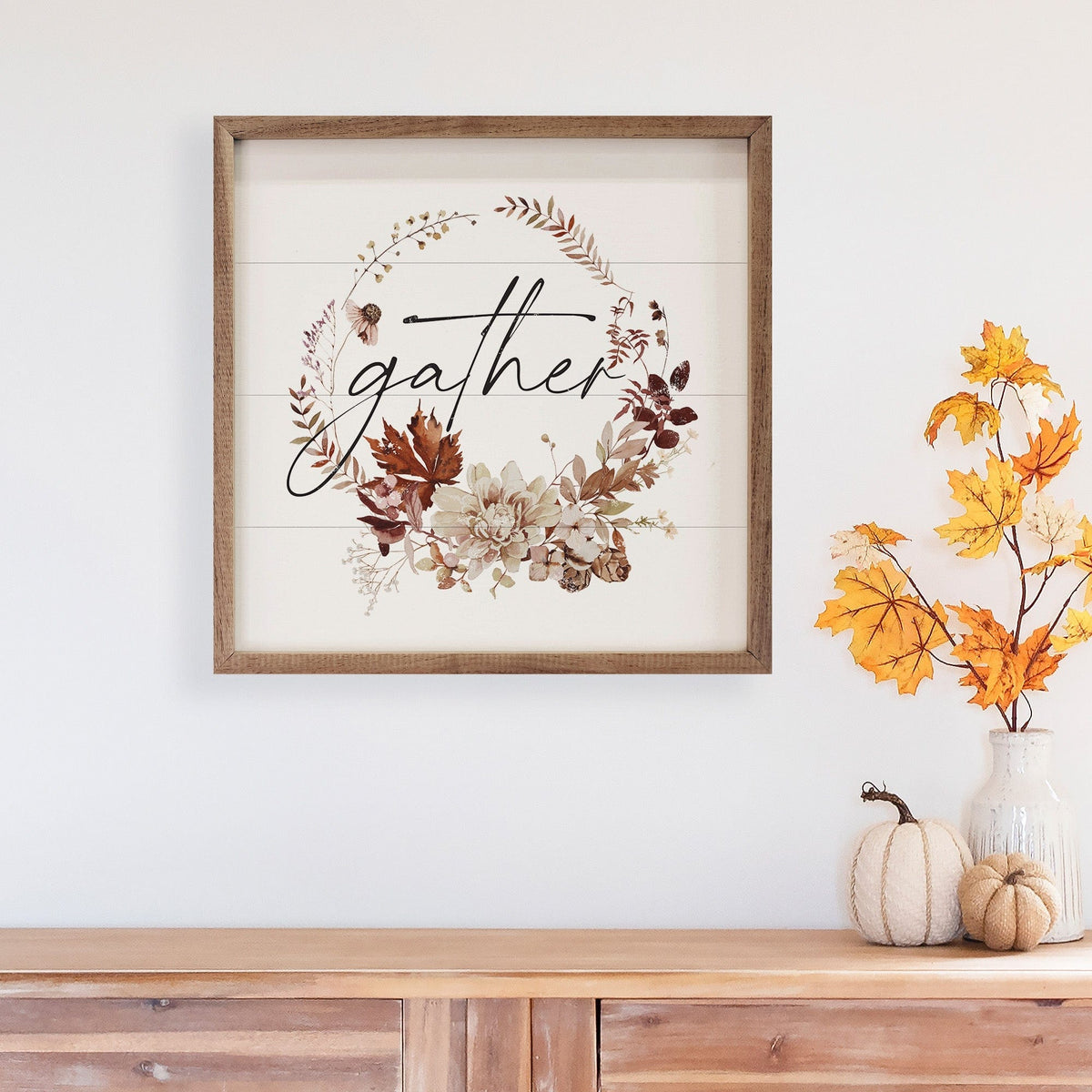 Kendrick Home Walnut Frames Autumn Gather Wreath Printed and Framed Wall Sign