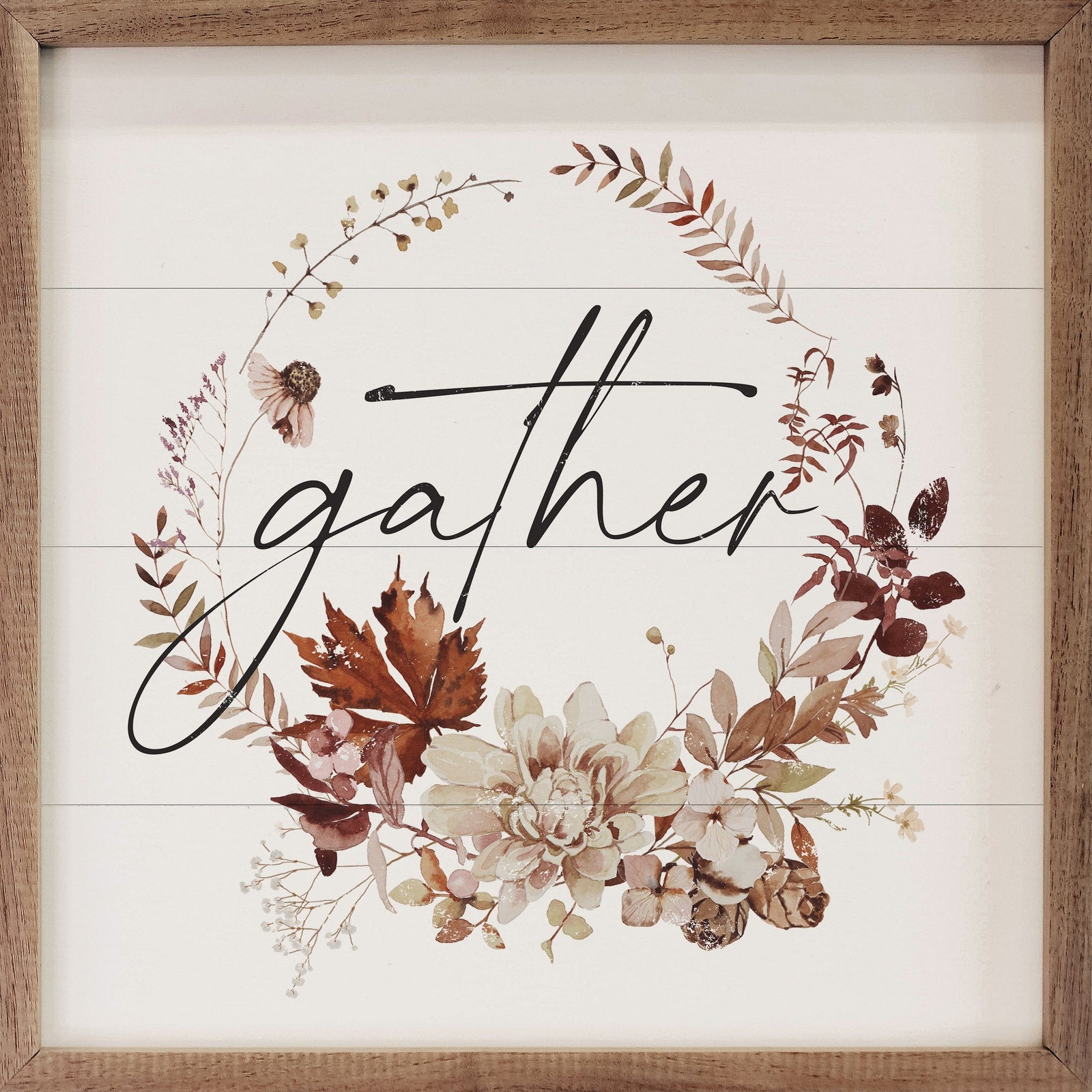 Kendrick Home Walnut Frames 4x4 Autumn Gather Wreath Printed and Framed Wall Sign