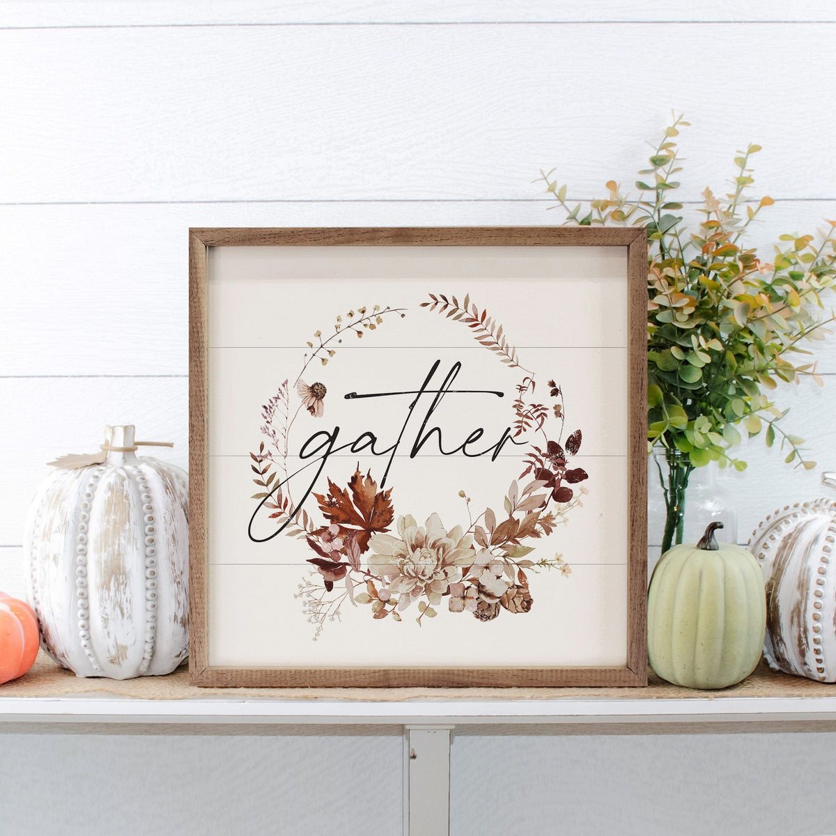 Kendrick Home Walnut Frames Autumn Gather Wreath Printed and Framed Wall Sign