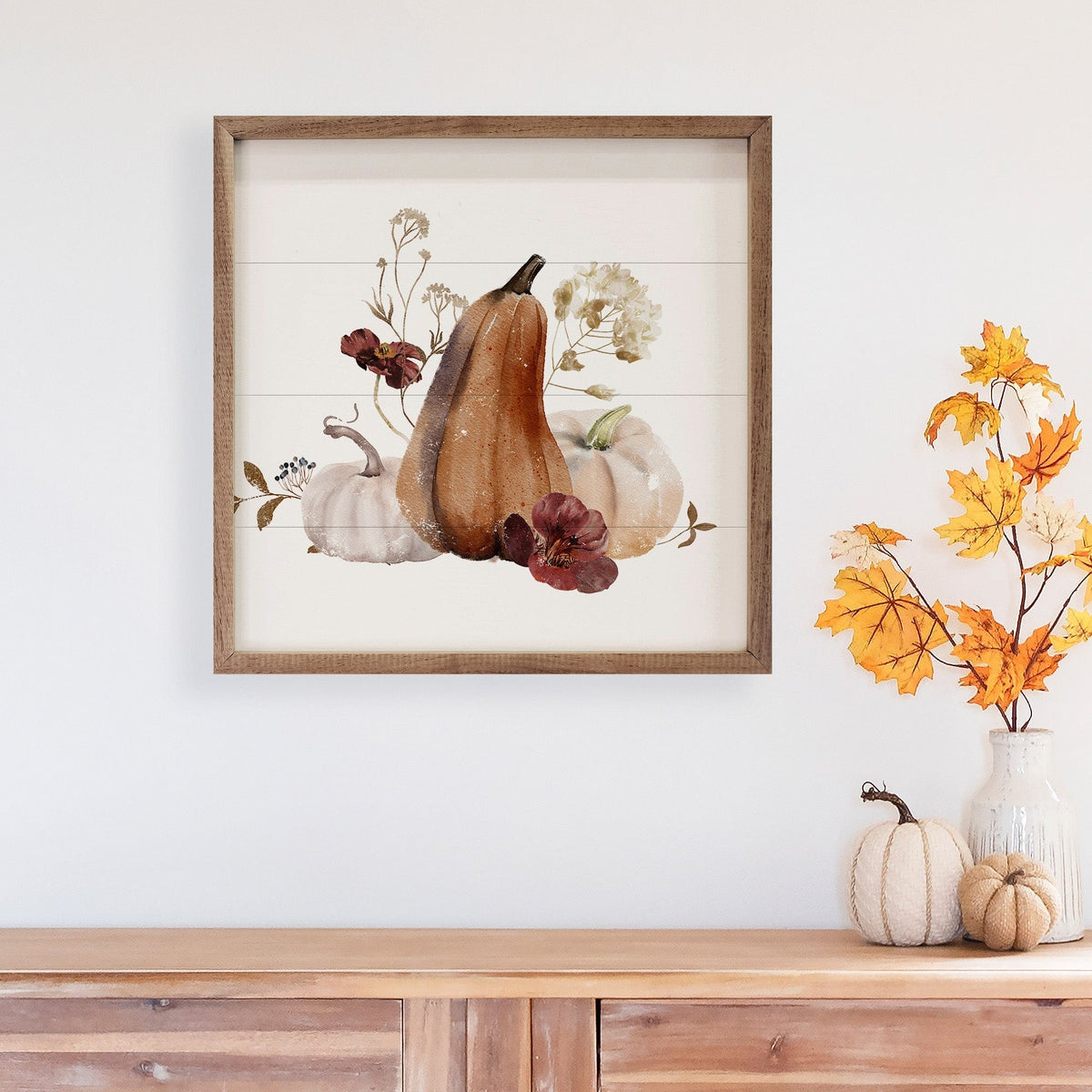 Kendrick Home Walnut Frames Autumn Gourds White Printed and Framed Wall Sign
