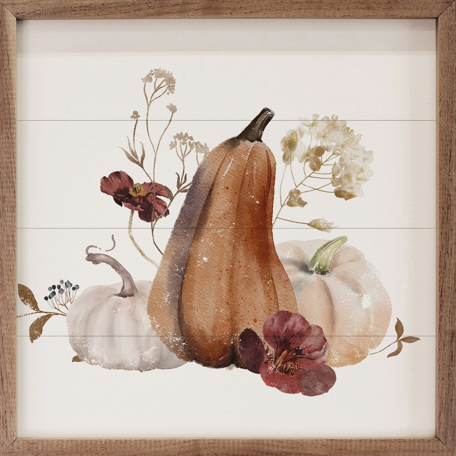 Kendrick Home Walnut Frames 4x4 Autumn Gourds White Printed and Framed Wall Sign