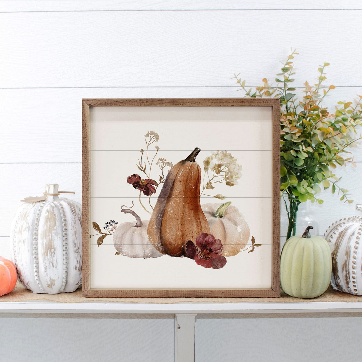 Kendrick Home Walnut Frames Autumn Gourds White Printed and Framed Wall Sign