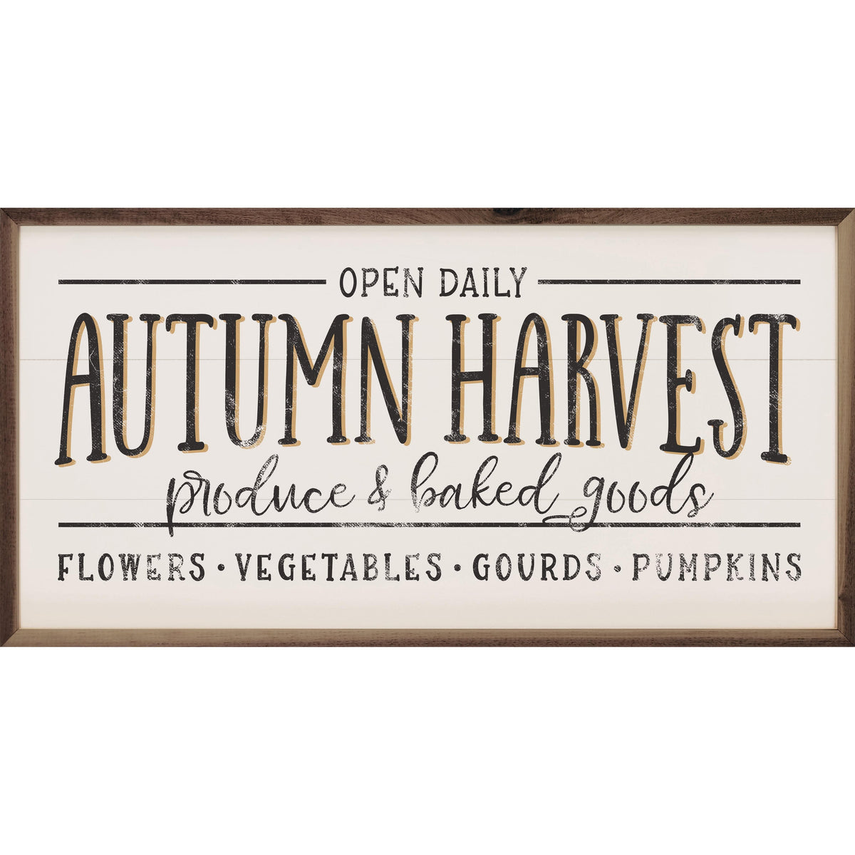 Kendrick Home Walnut Frames 16x8 Autumn Harvest Produce And Baked Goods Whitewash Printed and Framed Wall Sign