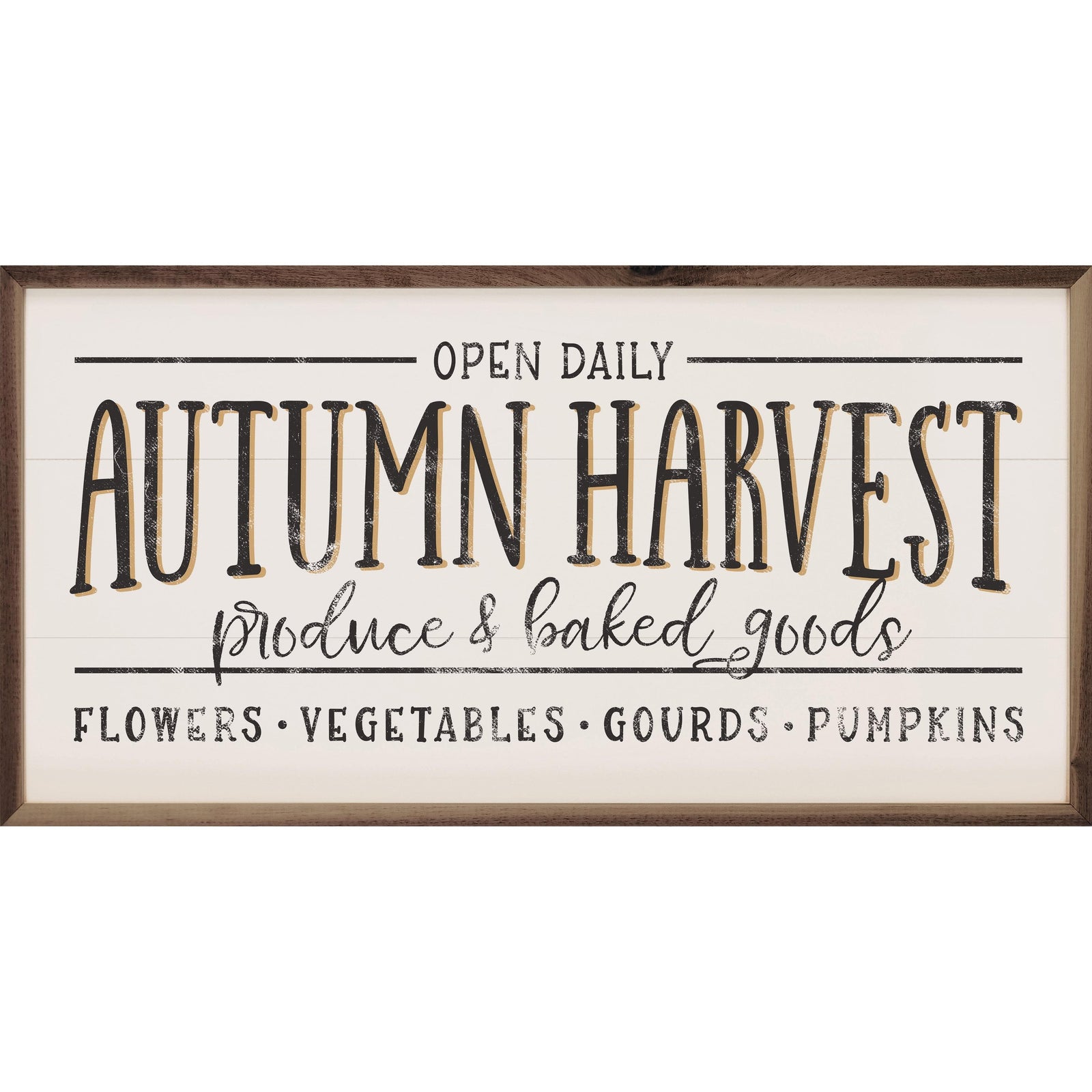 Kendrick Home Walnut Frames 16x8 Autumn Harvest Produce And Baked Goods Whitewash Printed and Framed Wall Sign
