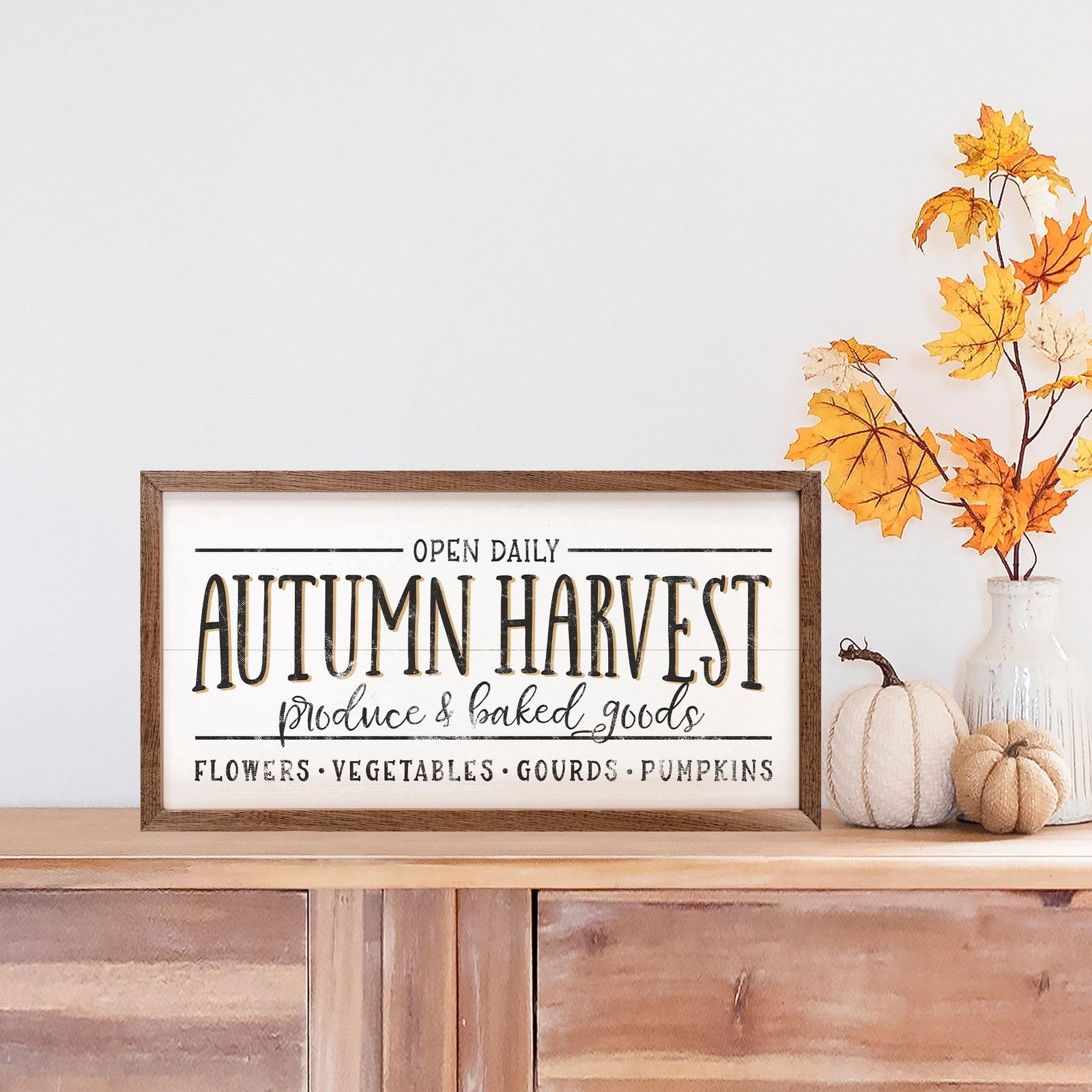 Kendrick Home Walnut Frames 16x8 Autumn Harvest Produce And Baked Goods Whitewash Printed and Framed Wall Sign
