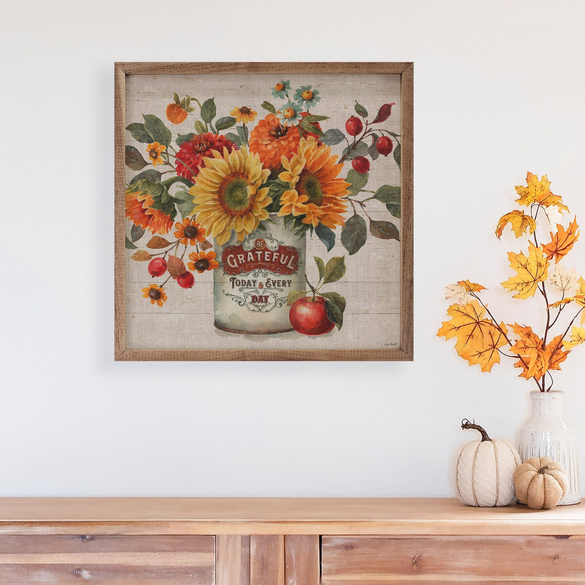Kendrick Home Walnut Frames Autumn In Bloom II Grateful By Lisa Audit Printed and Framed Wall Sign