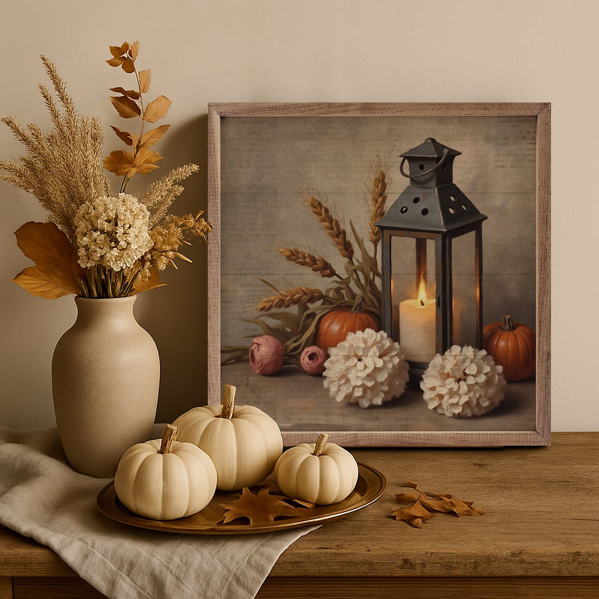 Kendrick Home Walnut Frames Autumn Lantern Printed and Framed Wall Sign