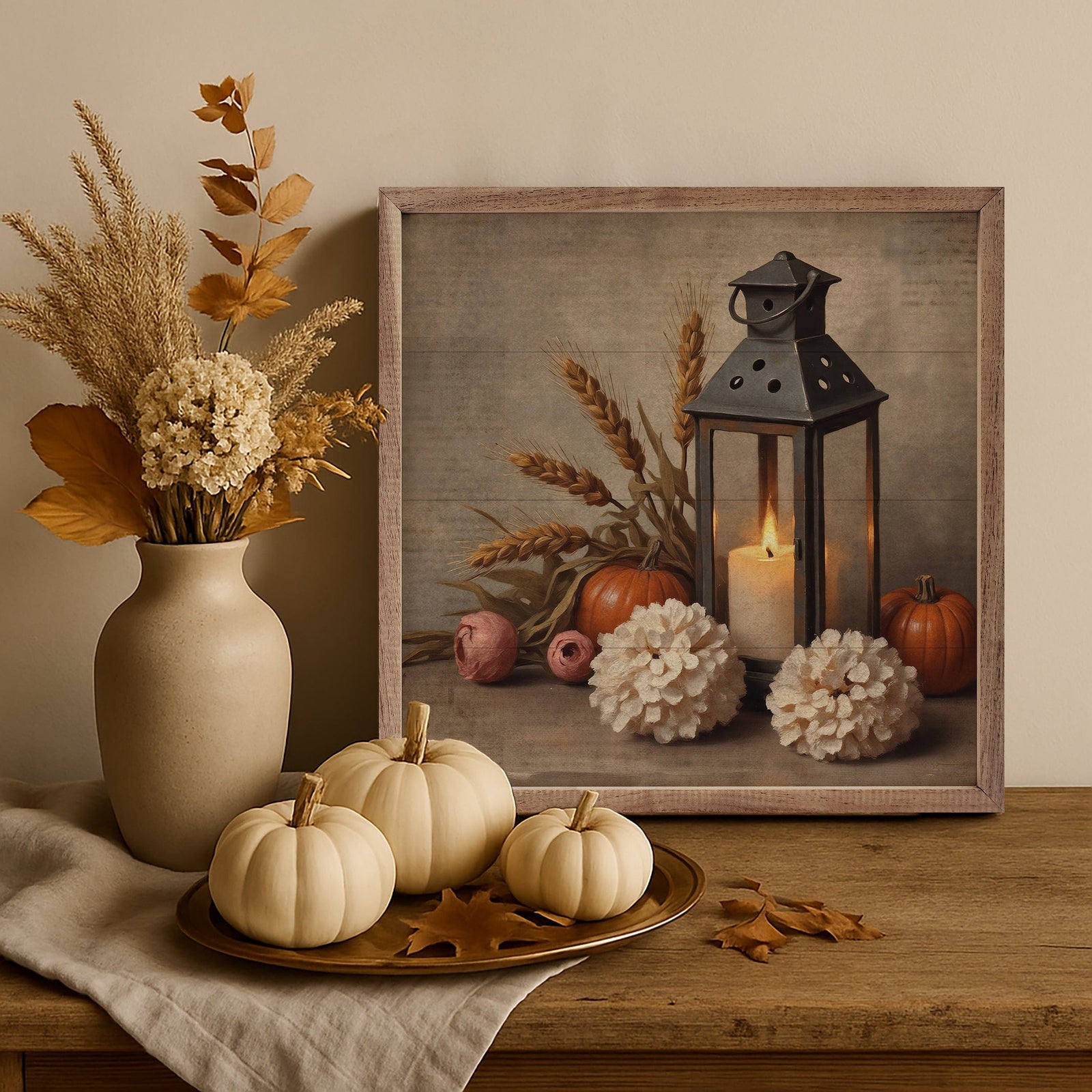 Kendrick Home Walnut Frames 4x4 Autumn Lantern Printed and Framed Wall Sign